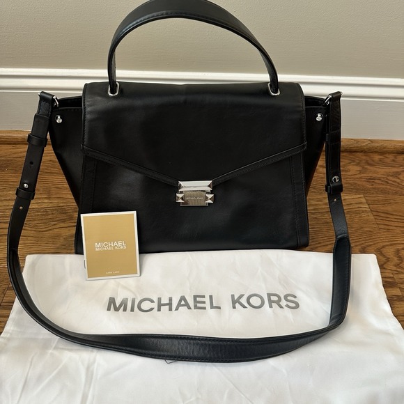 Michael Kors Whitney Medium Satchel Womens Black 100% Leather Handbag Silver - Picture 1 of 9